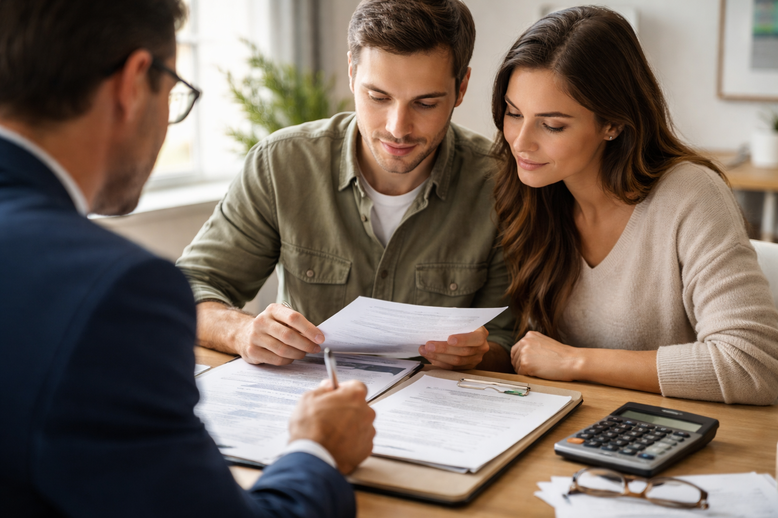 Consulting mortgage options in the office homebuyers discussing mortgage points with advisor to reduce interest rate